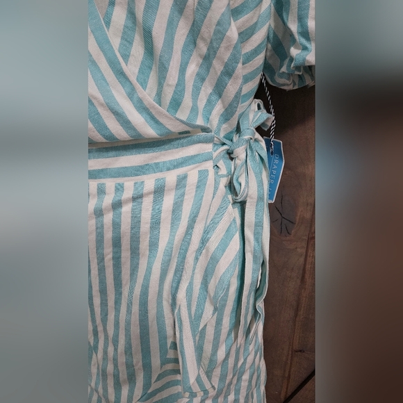 DRAPER JAMES Linen Blend Puff Sleeve Wrap Dress In Blue/white Striped.Size S NWT - Picture 10 of 15